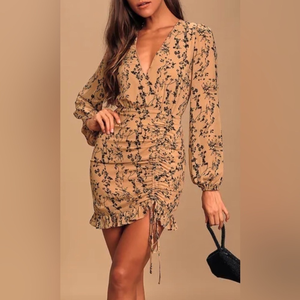 Lulus One True Love Taupe Floral Print Ruched Long Sleeve Mini Dress Small